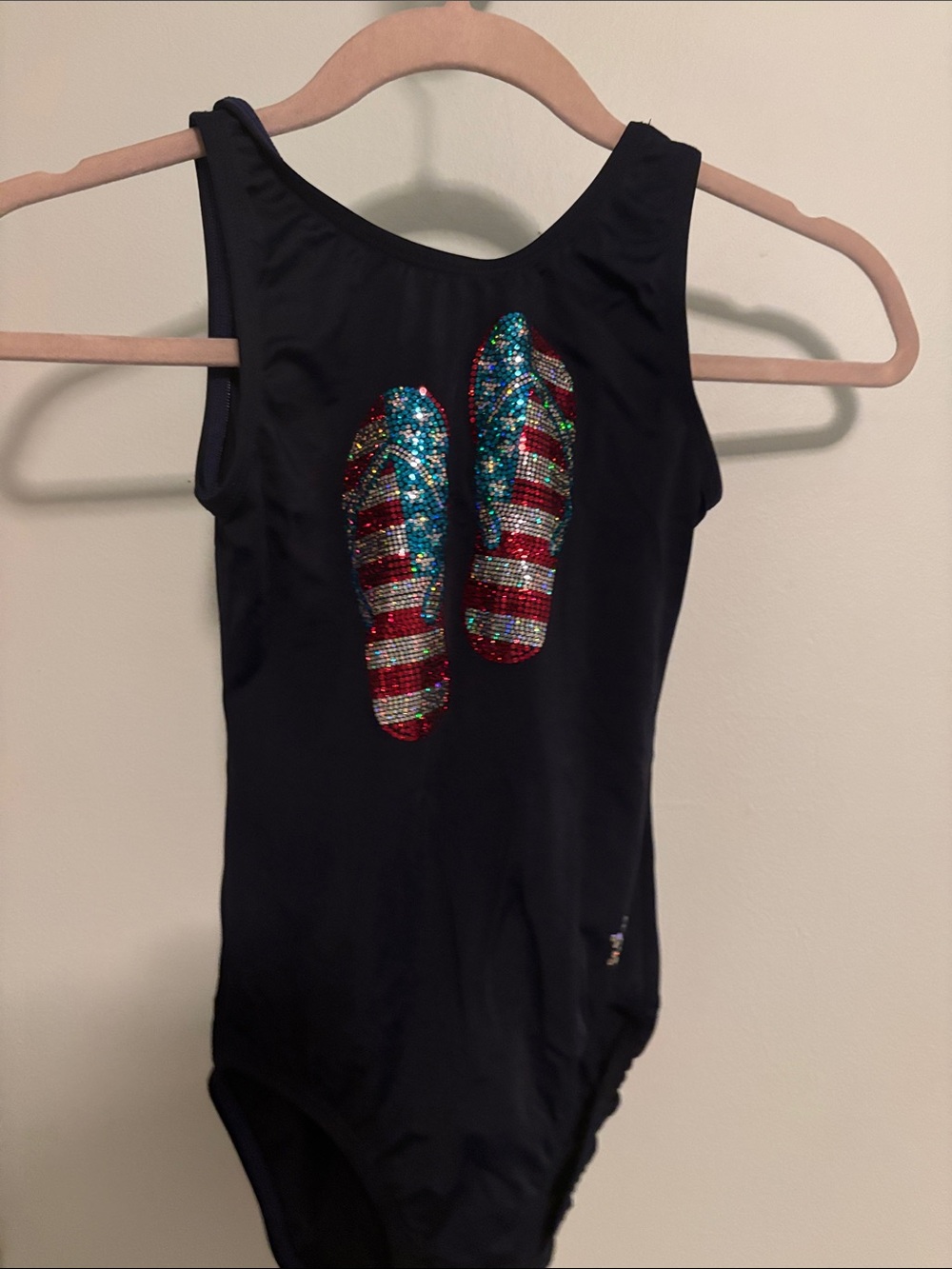 Snowflake Design Navy Blue Red white and blue flip flop sequin Gymnastics Leo